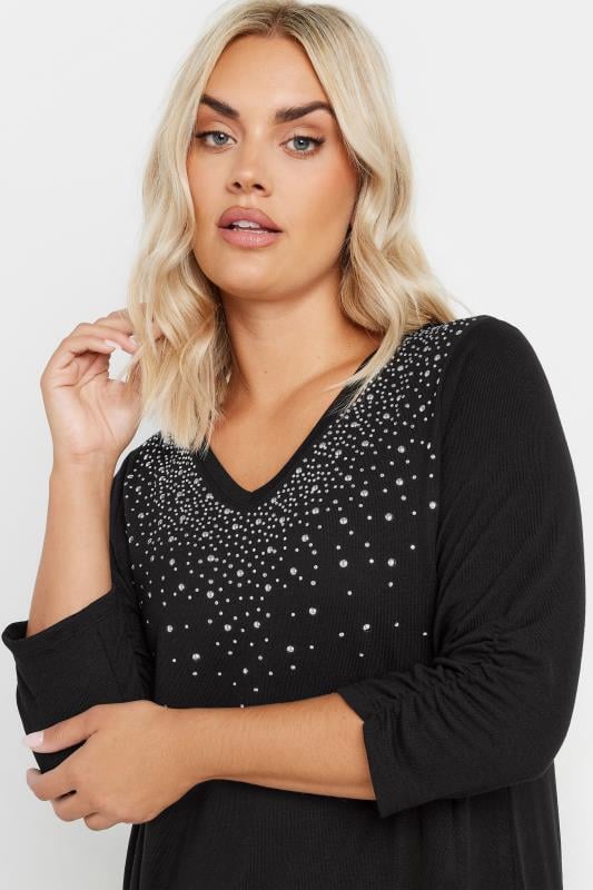 YOURS Plus Size Black Diamante Stud Swing Top | Yours Clothing  2