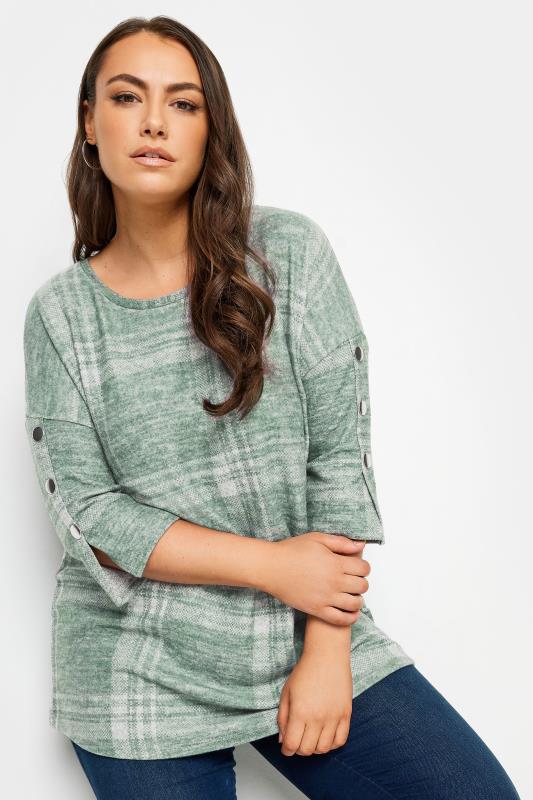 YOURS Plus Size Green Check Soft Touch Button Detail Top | Yours Clothing 1