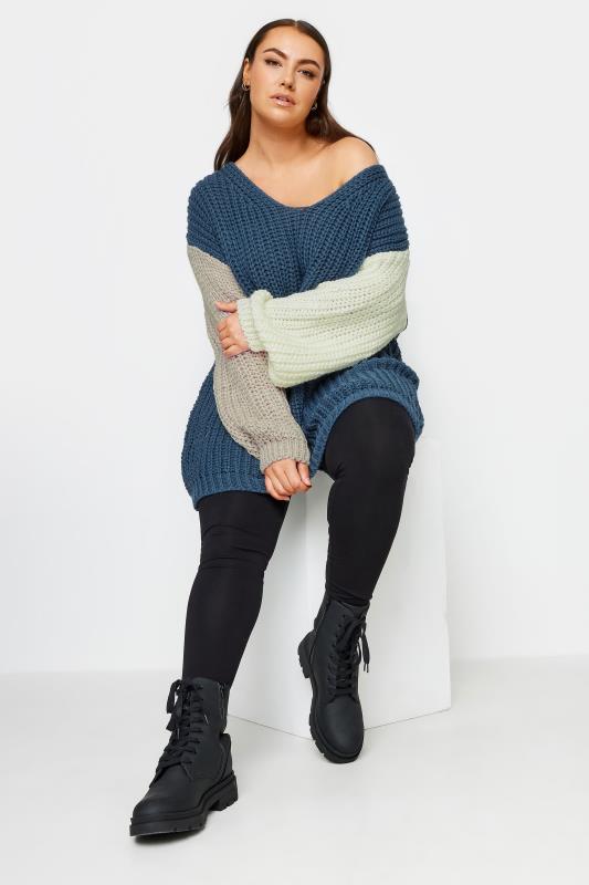YOURS Plus Size Navy Blue Colourblock Chunky Knit Jumper | Yours Clothing 3