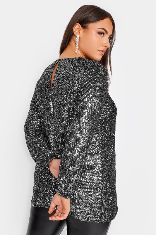 YOURS LONDON Plus Size Silver Sequin Keyhole Long Sleeve Top | Yours ...