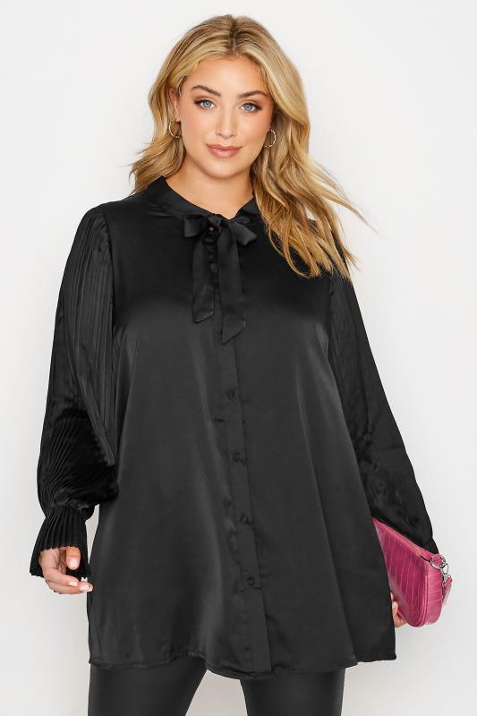 YOURS LONDON Plus Size Black Satin Pleated Bow Blouse | Yours Clothing 1