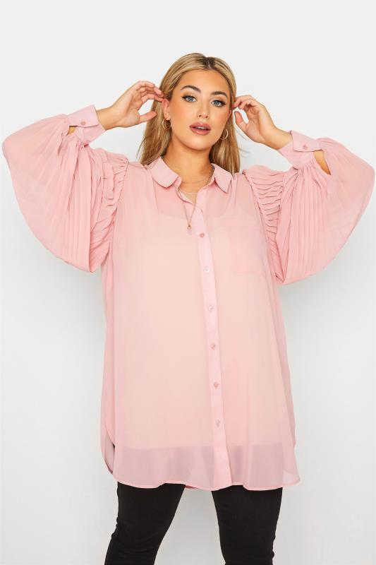 Plus Size  YOURS LONDON Curve Pink Pleated Sleeve Chiffon Shirt