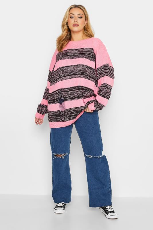 Plus Size Pink Distressed Stripe Oversized Jumper | Yours Clothing 2