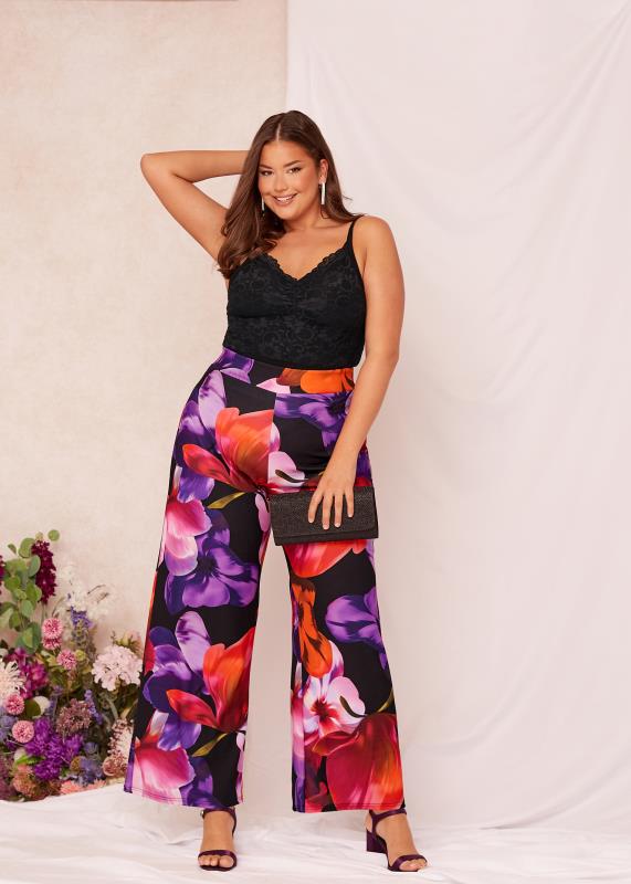 YOURS LONDON Plus Size Black Floral Stretch Wide Leg Trousers | Yours Clothing 3