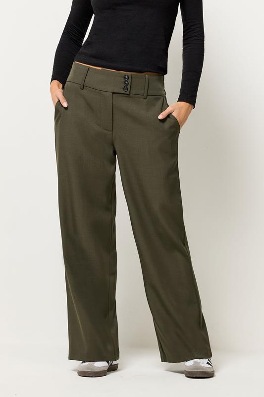 PixieGirl Petite Women's Olive Green Button Tab Detail Wide Leg Trousers | PixieGirl 1