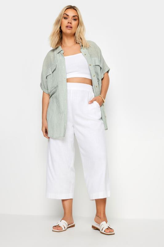 YOURS Plus Size Sage Green Stripe Linen Shirt | Yours Clothing 3