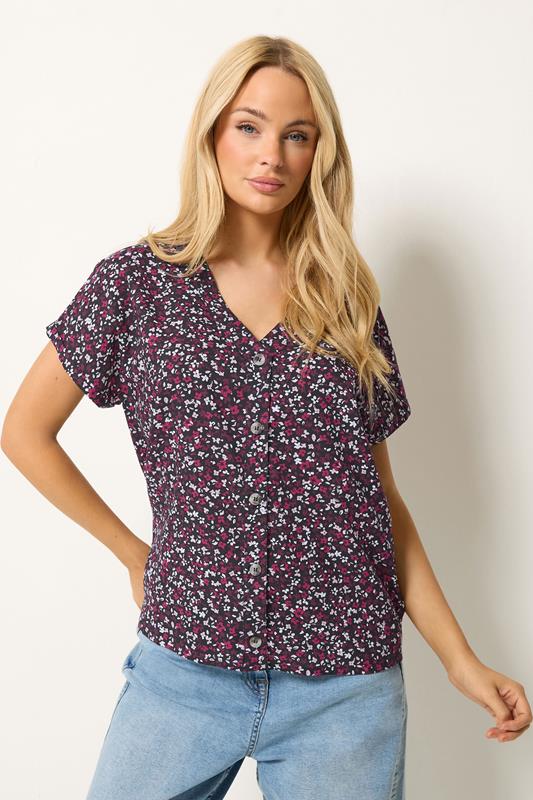  M&Co Berry Purple Ditsy Floral Print Button Front Blouse
