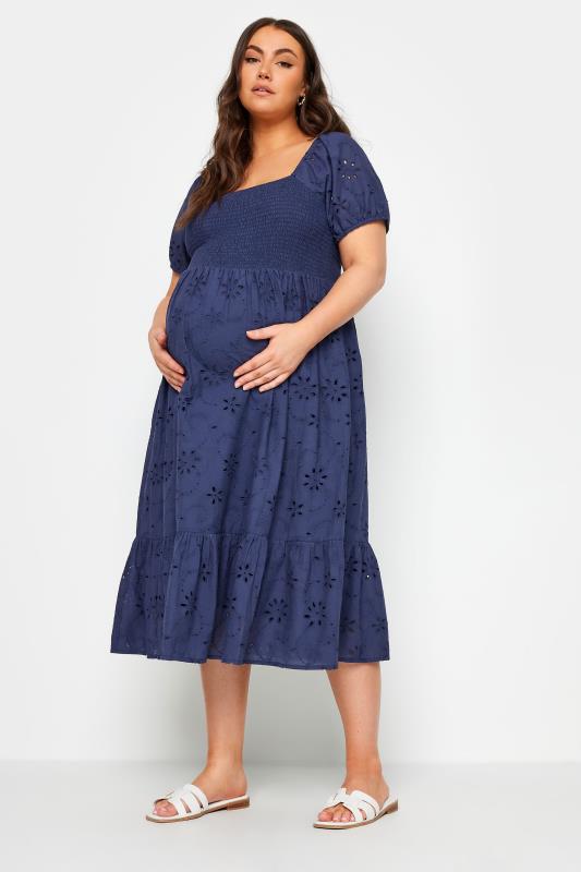 BUMP IT UP MATERNITY Plus Size Navy Blue Broderie Anglaise Midi Dress | Yours Clothing 2