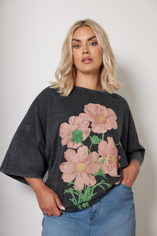  YOURS Curve Grey Floral Print Acid Wash Boxy T-Shirt