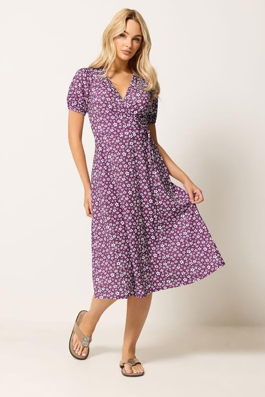 M&Co Berry Red Ditsy Floral Midi Wrap Dress | M&Co 2