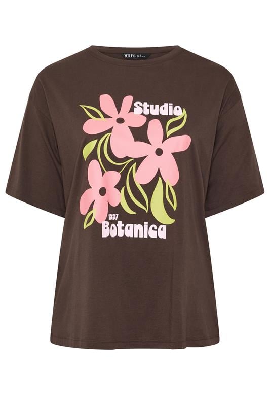YOURS Plus Size Chocolate Brown Floral Graphic Print T-Shirt | Yours Clothing 5
