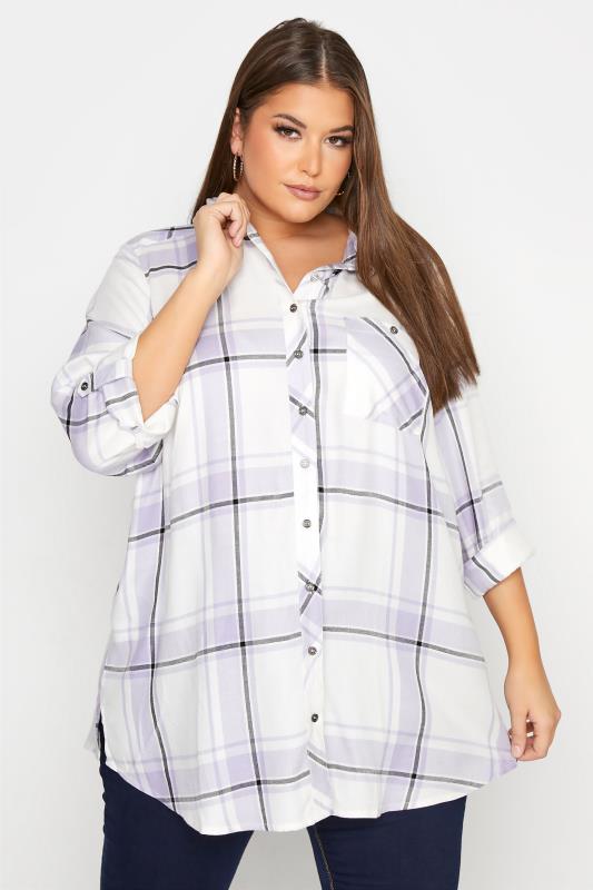 Plus Size White & Lilac Purple Check Boyfriend Shirt | Yours Clothing  1