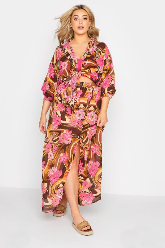 Plus Size Brown Marble Floral Print Sheer Beach Shirt | Yours Clothing 3
