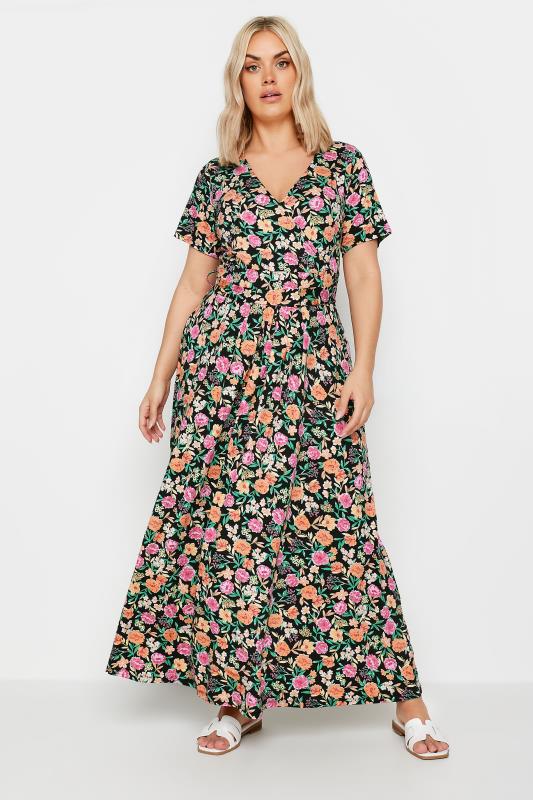 Plus Size  YOURS Curve Pink & Orange Floral Print Wrap Maxi Dress