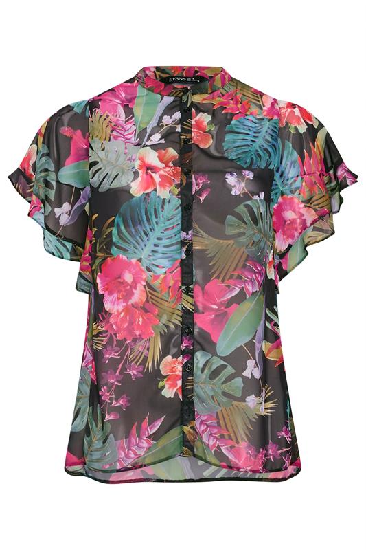 EVANS Curve Black Tropical Frill Sleeve Blouse | Evans 5