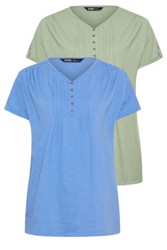 YOURS Plus Size 2 PACK Blue & Green Pintuck Henley T-Shirts | Yours Clothing 7