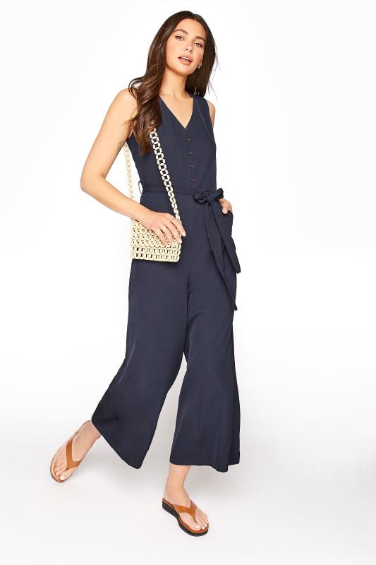 LTS Tall Navy Blue Button Belted Cropped Jumpsuit 2