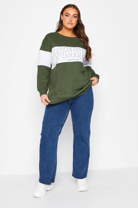 Plus Size Green Colour Block 'Paris' Slogan Varsity Sweatshirt | Yours Clothing 2