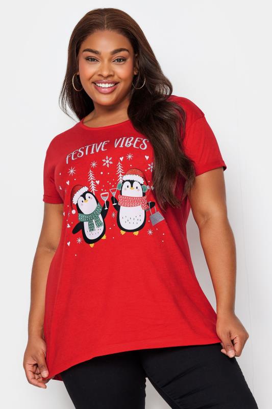 YOURS Curve Red Penguin Print 'Festive Vibes' Slogan Christmas T-Shirt | Yours Clothing  1