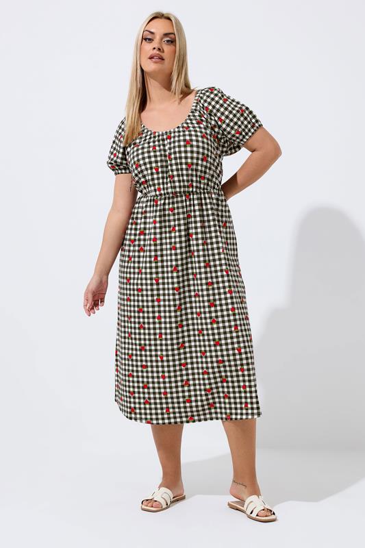 LIMITED COLLECTION Plus Size Black Strawberry Gingham Bardot Dress | Yours Clothing 1