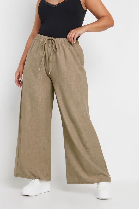 YOURS Plus Size Natural Brown Wide Leg Trousers | Yours Clothing  1