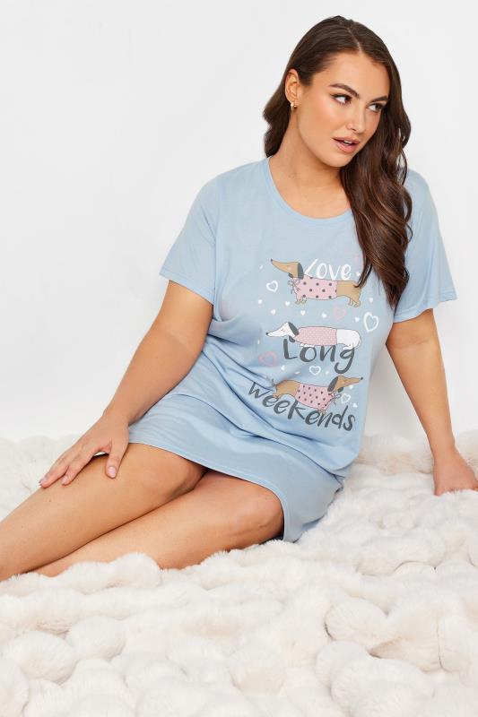 YOURS Plus Size Blue Dog Print 'Long Weekends' Slogan Nightdress 2