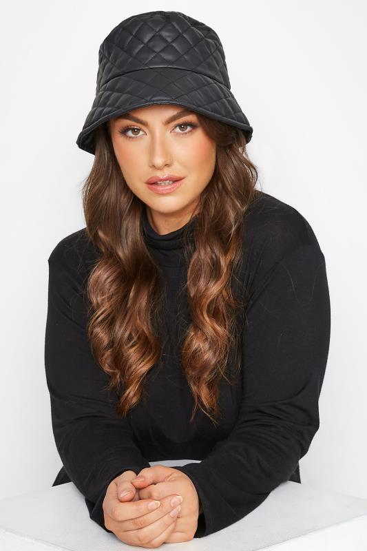 Black Leather Look Quilted Bucket Hat 2