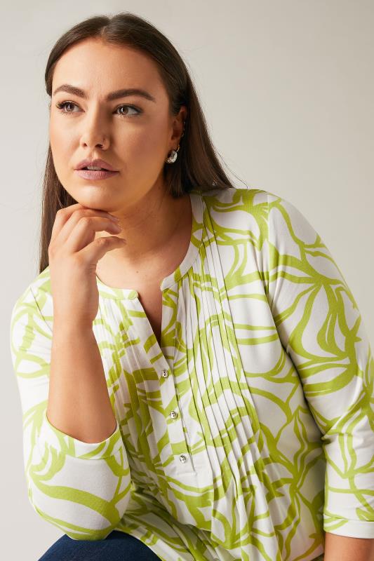 Plus Size  EVANS Curve Chartreuse Green Abstract Print Pintuck Blouse
