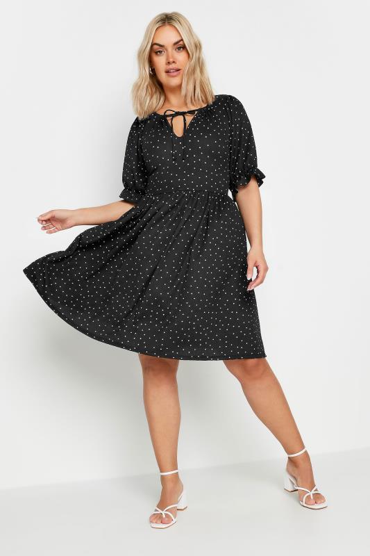 YOURS Plus Size Black Dot Print Smock Mini Dress | Yours Clothing 2