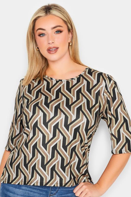 YOURS PETITE Plus Size Brown & Black Geometric Print T-Shirt | Yours Clothing 1