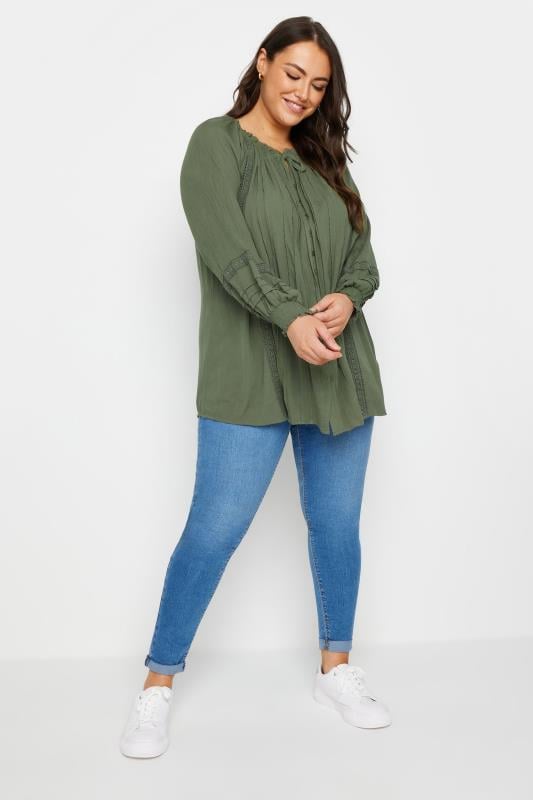 YOURS Plus Size Khaki Green Crinkle Tie Neck Blouse | Yours Clothing 2