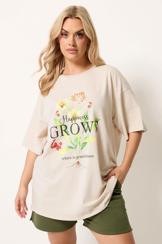  YOURS Curve Natural Brown 'Happiness Grows' T-Shirt