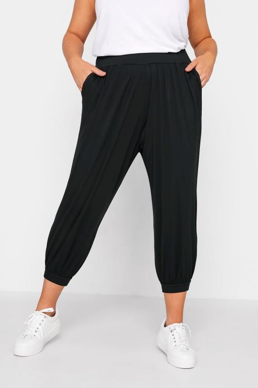 Plus Size Black Cropped Jersey Harem Joggers | Yours Clothing 1