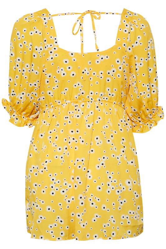 Plus Size Yellow Daisy Print Sweetheart Puff Sleeve Top | Yours Clothing 7