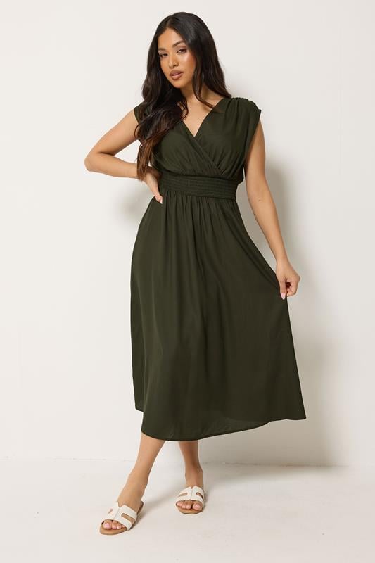 PixieGirl Petite Women's Olive Green Wrap Midi Dress | PixieGirl 1