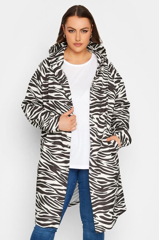 YOURS LUXURY Plus Size Black & White Zebra Print Longline Raincoat | Yours Clothing 1