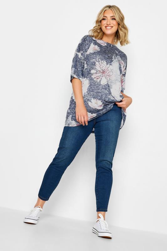 YOURS Plus Size Blue Mottled Floral Print T-Shirt | Yours Clothing 2