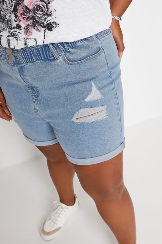 YOURS Plus Size Light Blue Elasticated Stretch Ripped Denim Shorts | Yours Clothing 4