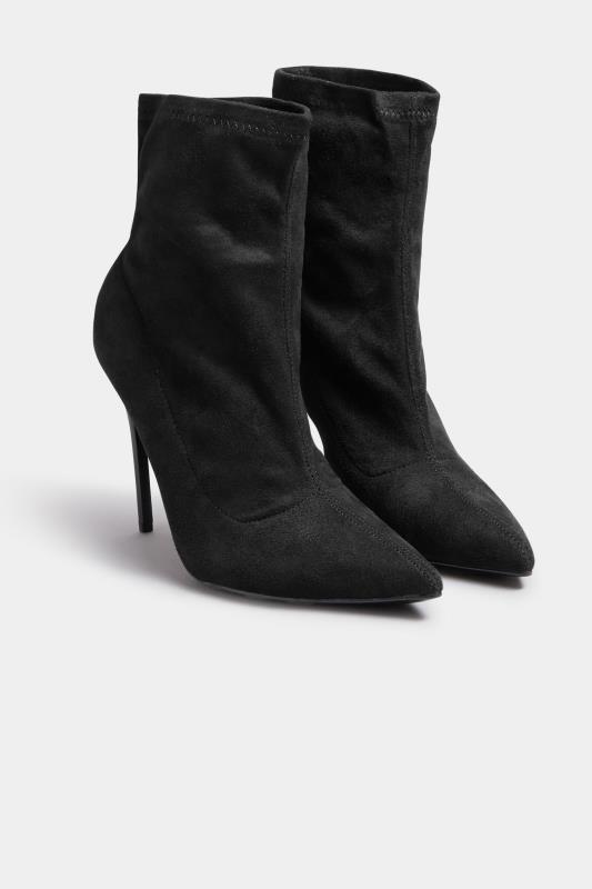 PixieGirl Black Faux Suede Heeled Sock Boots In Standard D Fit | PixieGirl 2