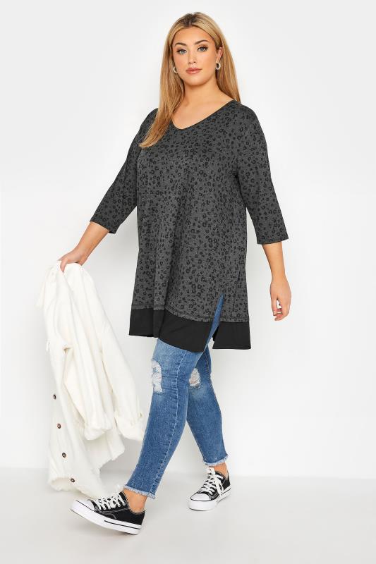 Plus Size Charcoal Grey Leopard Print V-Neck Top | Yours Clothing  2