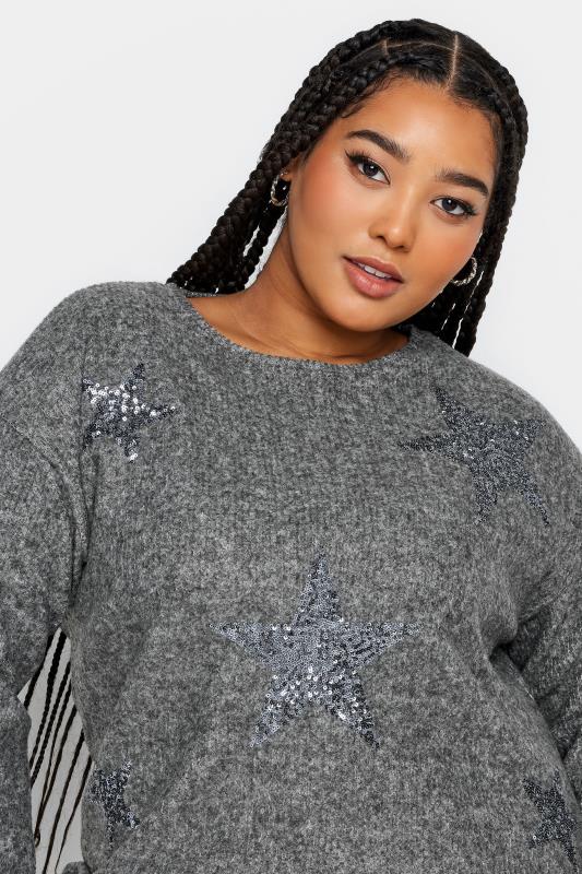 YOURS Plus Size Grey Sequin Star Soft Touch Top | Yours Clothing 4
