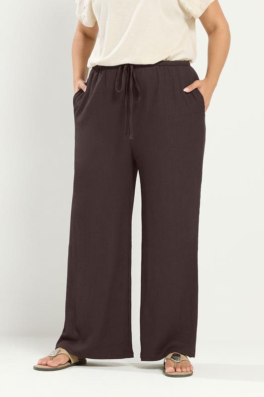 YOURS Plus Size Chocolate Brown Textured Wide Leg Trousers | Yours Clothing 1
