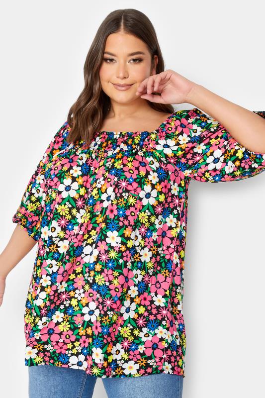 Plus Size  YOURS Curve Blue & Pink Floral Shirred Neck Gypsy Top