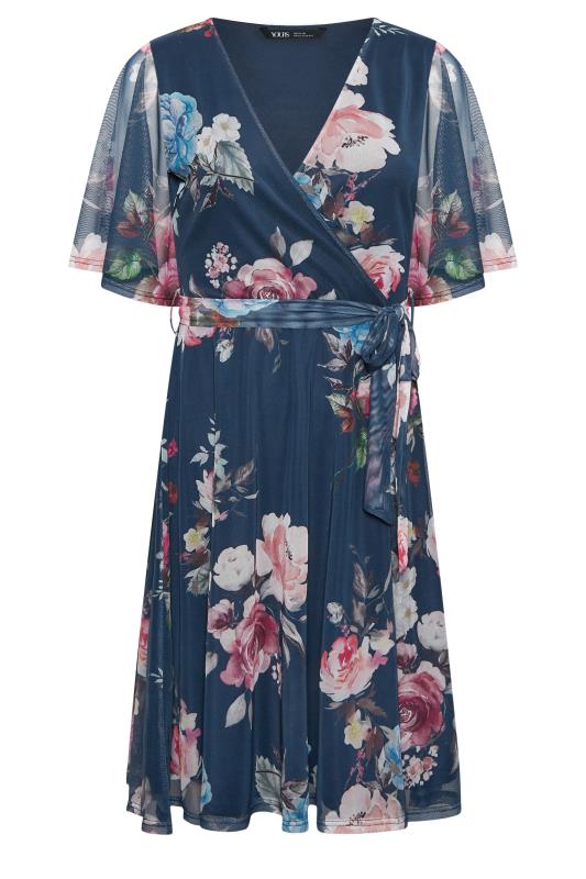 YOURS PETITE Plus Size Navy Blue Floral Print Mesh Midi Wrap Dress | Yours Clothing 6