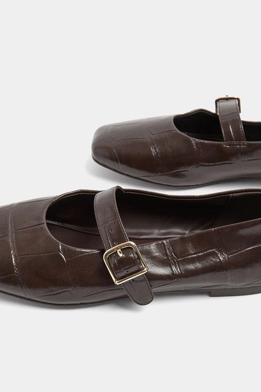 Chocolate Brown Croc Buckle Detail Mary Jane Flats In Wide E Fit | Yours Clothing 4