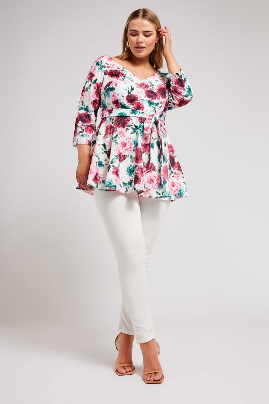 YOURS LONDON Plus Size Pink & Blue Floral Print Peplum Top | Yours Clothing 2