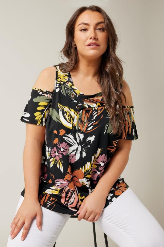 Evans Black Cara Cold Shoulder Print Top 1