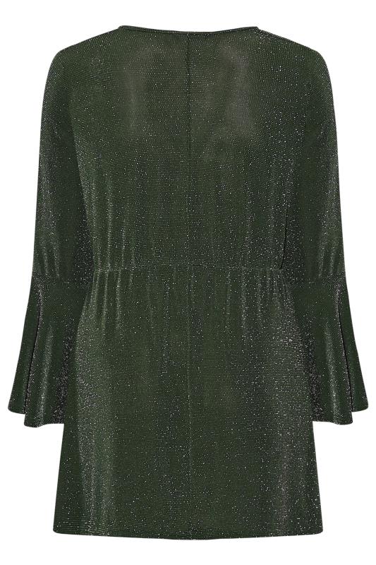 LIMITED COLLECTION Plus Size Forest Green Glitter Flare Sleeve Wrap Top | Yours Clothing 7