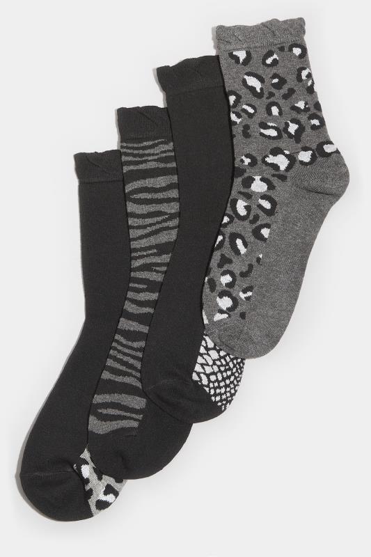 4 PACK Black & Grey Animal Print Ankle Socks | Yours Clothing  2