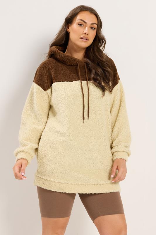  YOURS Curve Natural Brown Colourblock Teddy Fleece Hoodie